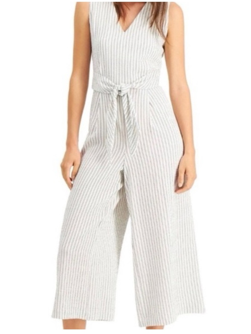 Calvin Klein White Maxi Jumpsuit with Thin Gray Stripes and Self-Tie Waist